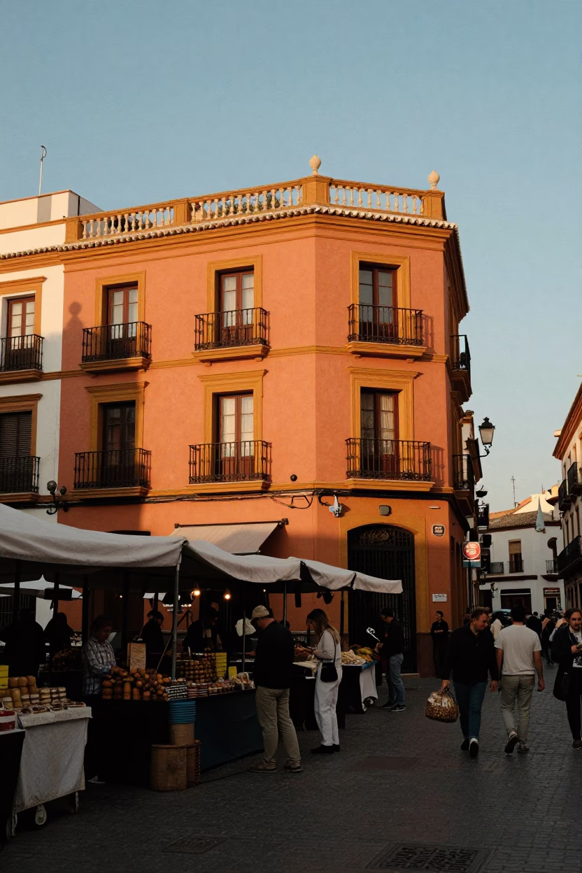 Golden Hour Street Scene in Seville Spain with Local Market Activity and Traditional Architecture in in Seville, Spain