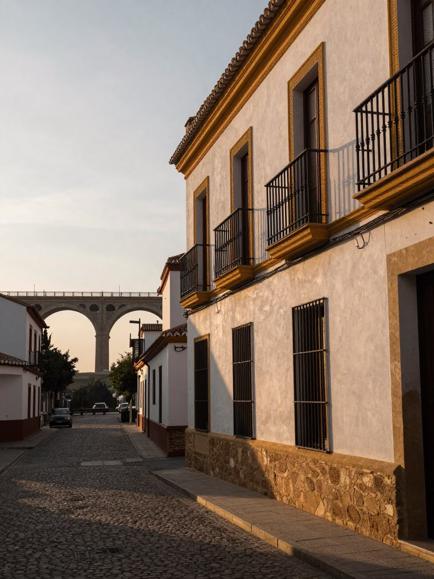 Golden Hour Street Scene in Seville Spain with Railway Viaduct and Lived-In Details in in Seville, Spain