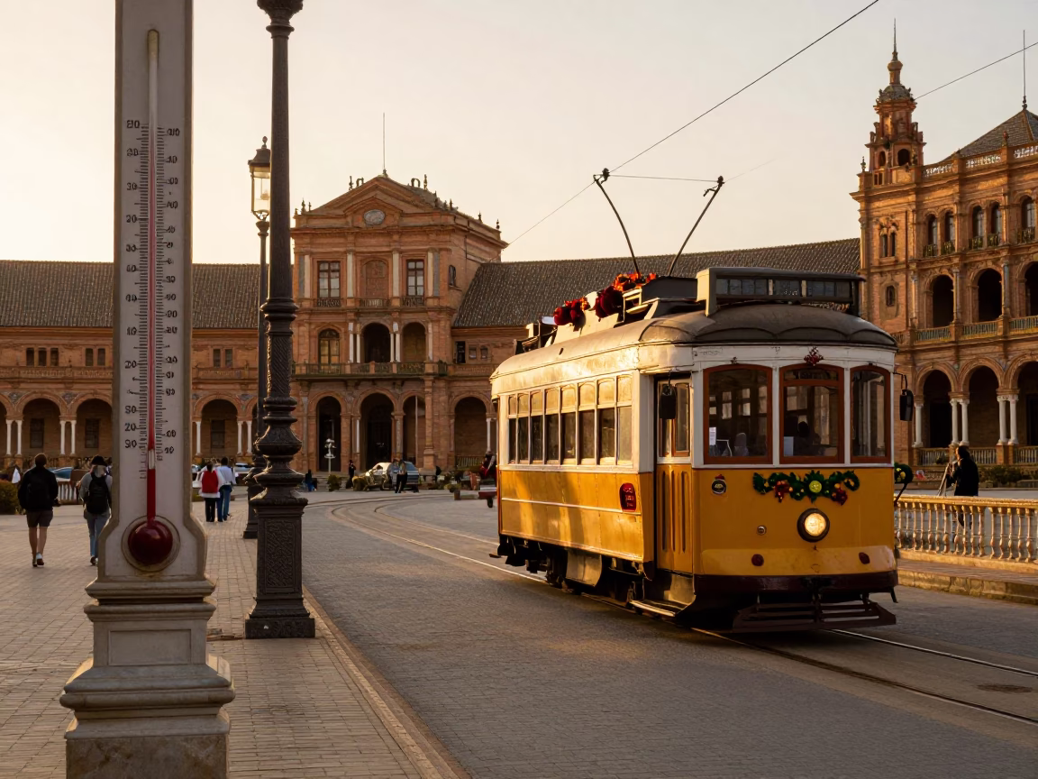 Golden Hour Street Scene in Seville Spain with Thermometer and Tramcar in in Seville, Spain