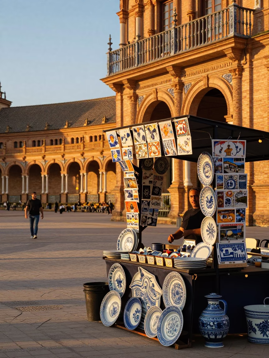 Golden Hour Street Scene in Seville with Blue White Porcelain and Postcards in in Seville, Spain