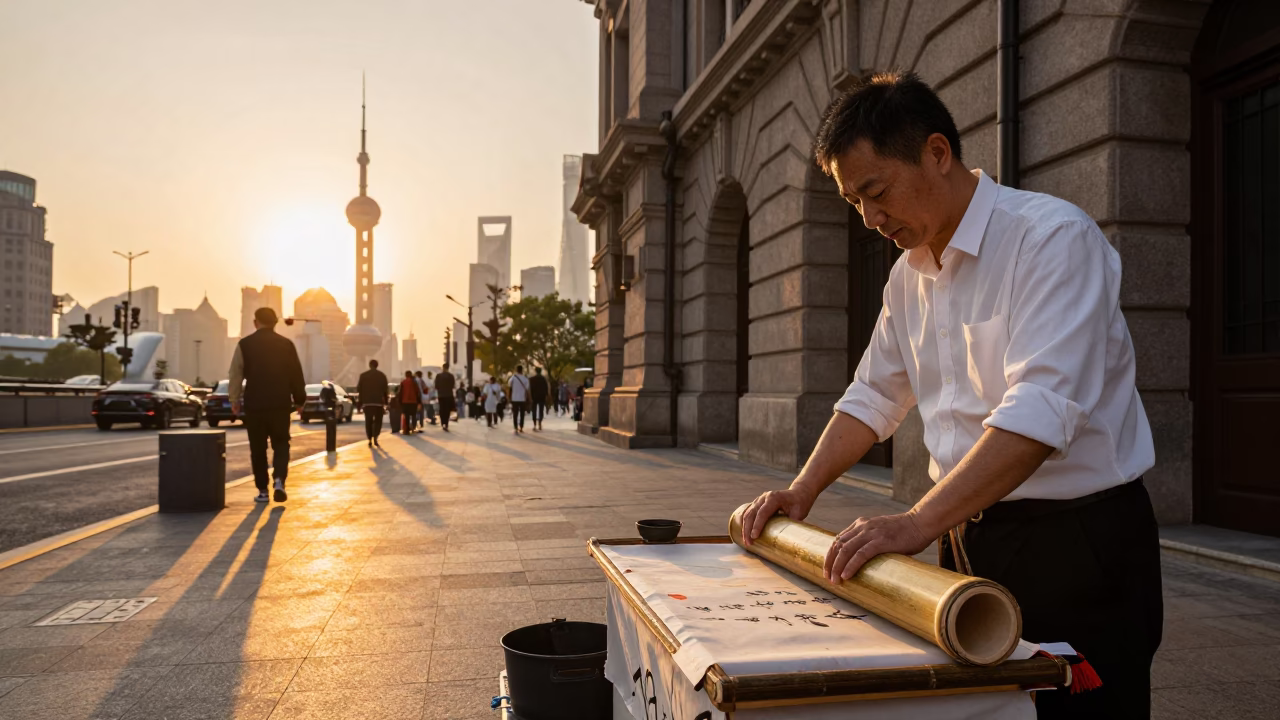 Golden Hour Street Scene in Shanghai China with Calligraphy Brush and Quilt in in Shanghai, China