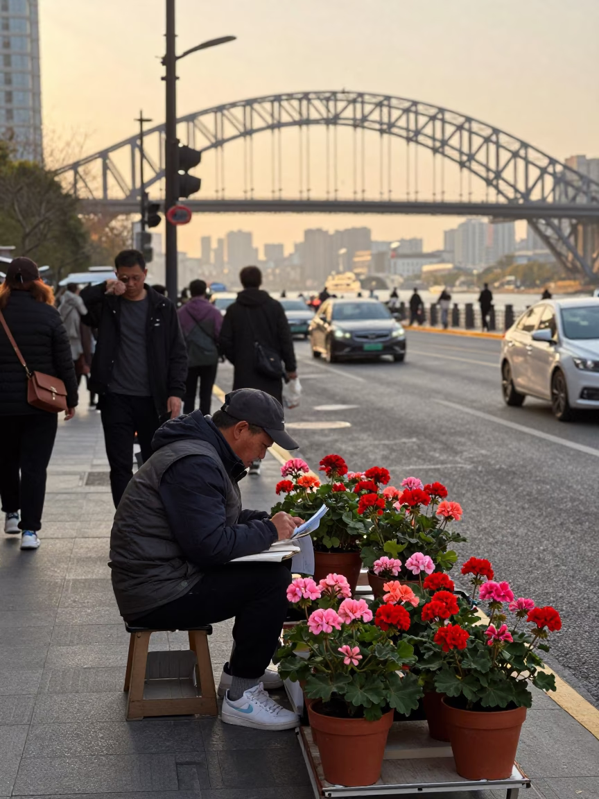 Golden Hour Street Scene in Shanghai China with Geraniums and Harbor Bridge in in Shanghai, China
