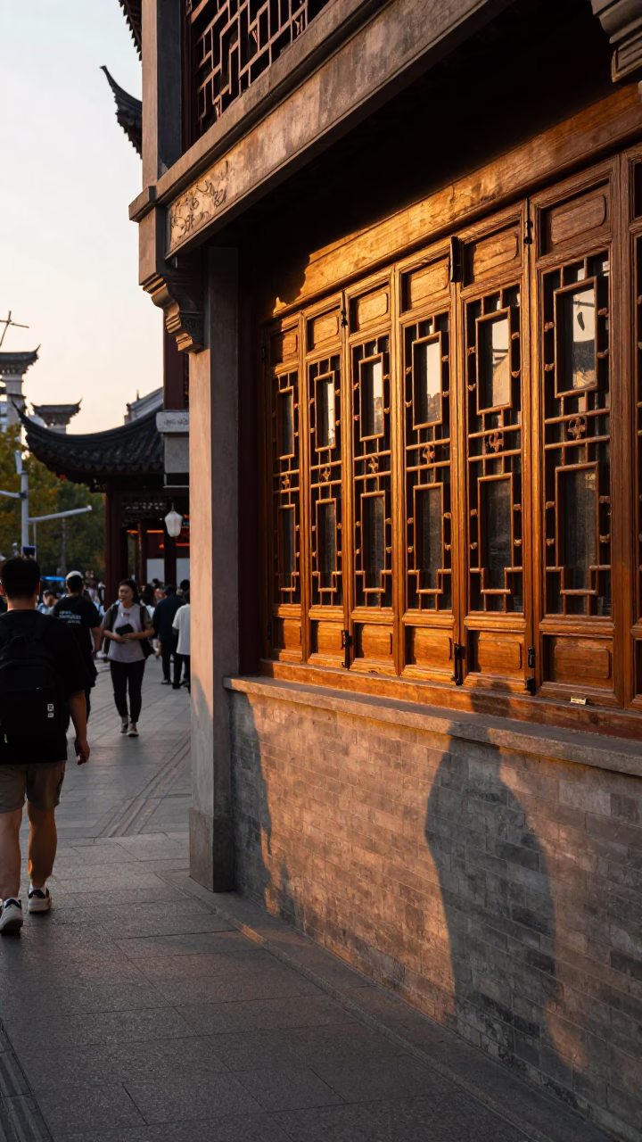Golden Hour Street Scene in Shanghai China with Pedestrians and Traditional Architecture in in Shanghai, China