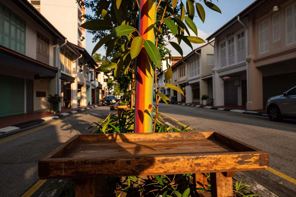 Golden Hour Street Scene in Singapore Featuring Rainbow Eucalyptus and Traditional Wooden Fishing Boat in in Singapore, Singapore