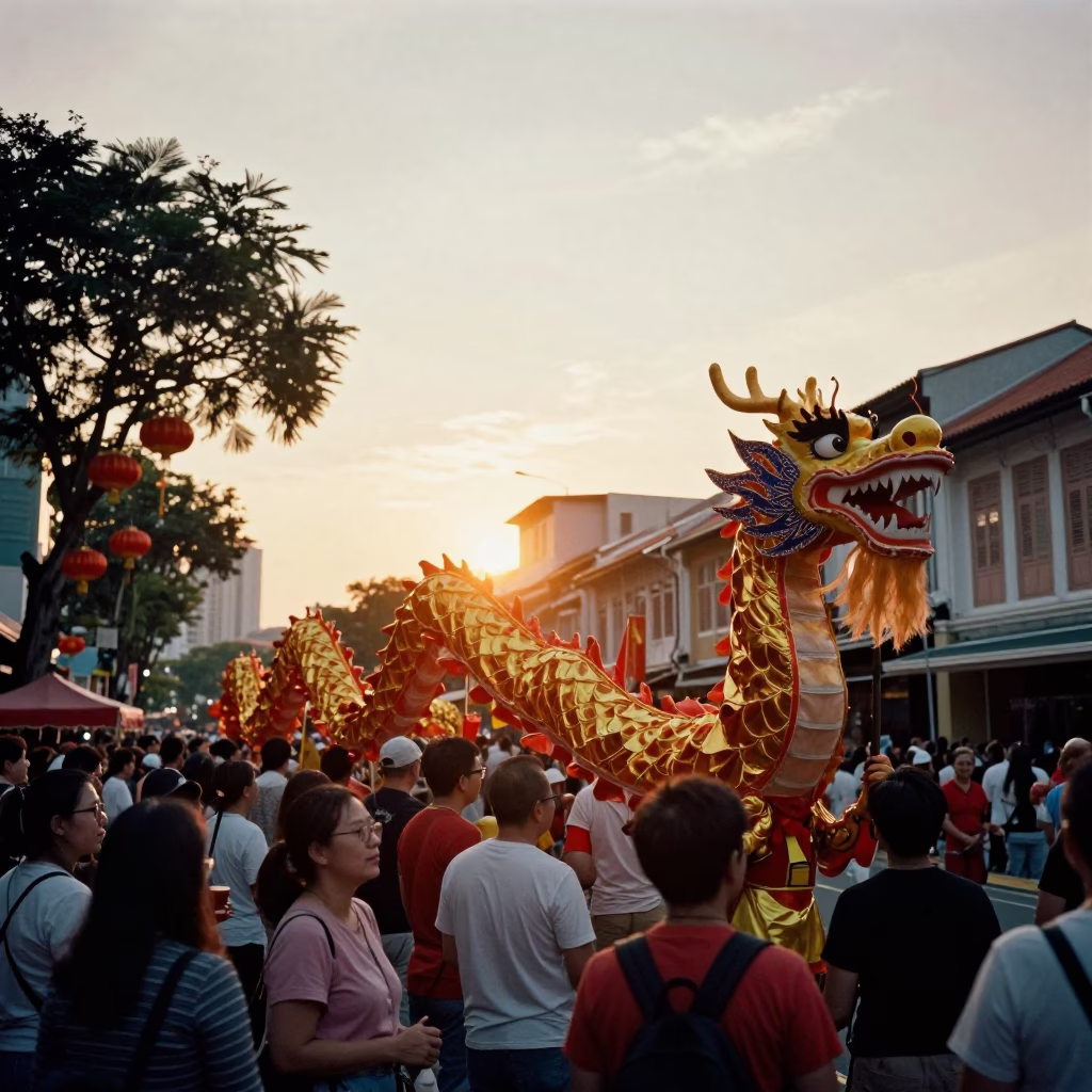 Golden Hour Street Scene in Singapore with Chinese New Year Dragon Parade and Geraniums in in Singapore, Singapore