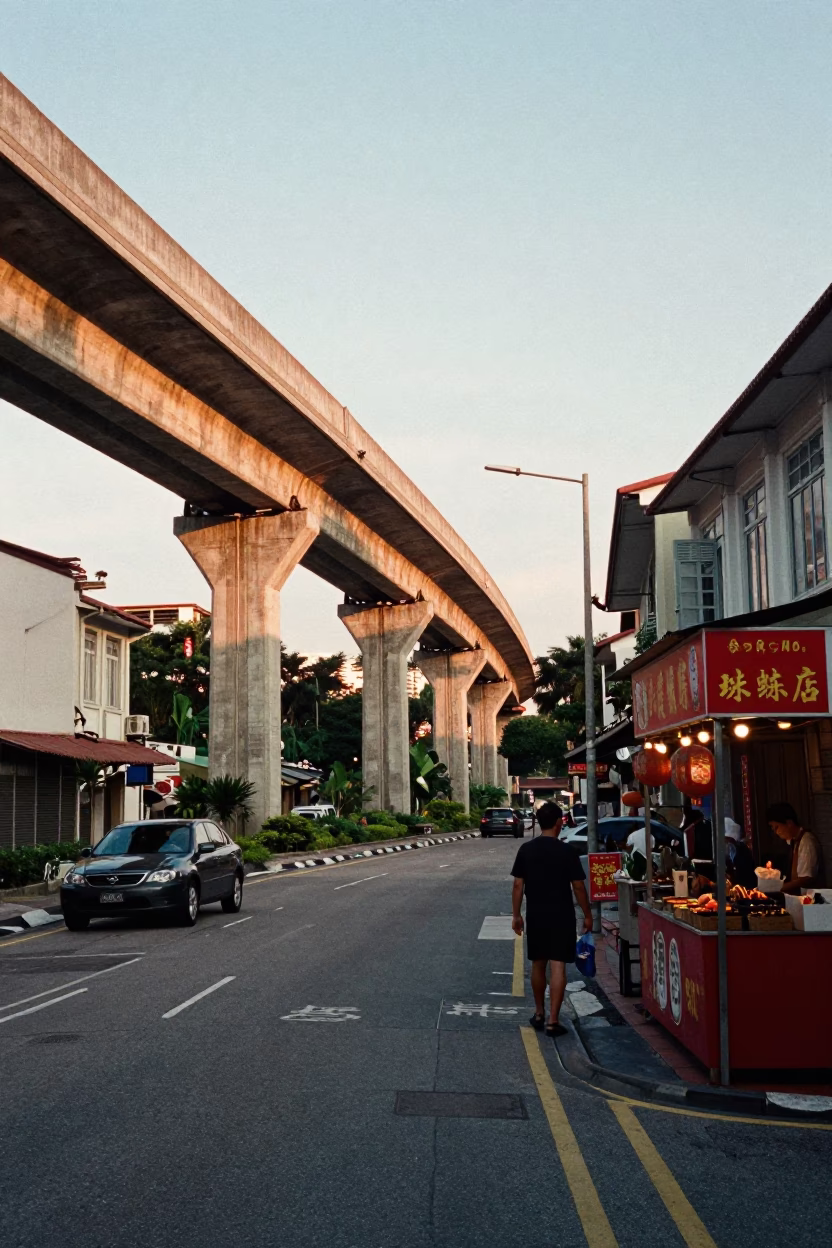Golden Hour Street Scene in Singapore with Concrete Viaduct and Traditional Sweets in in Singapore, Singapore