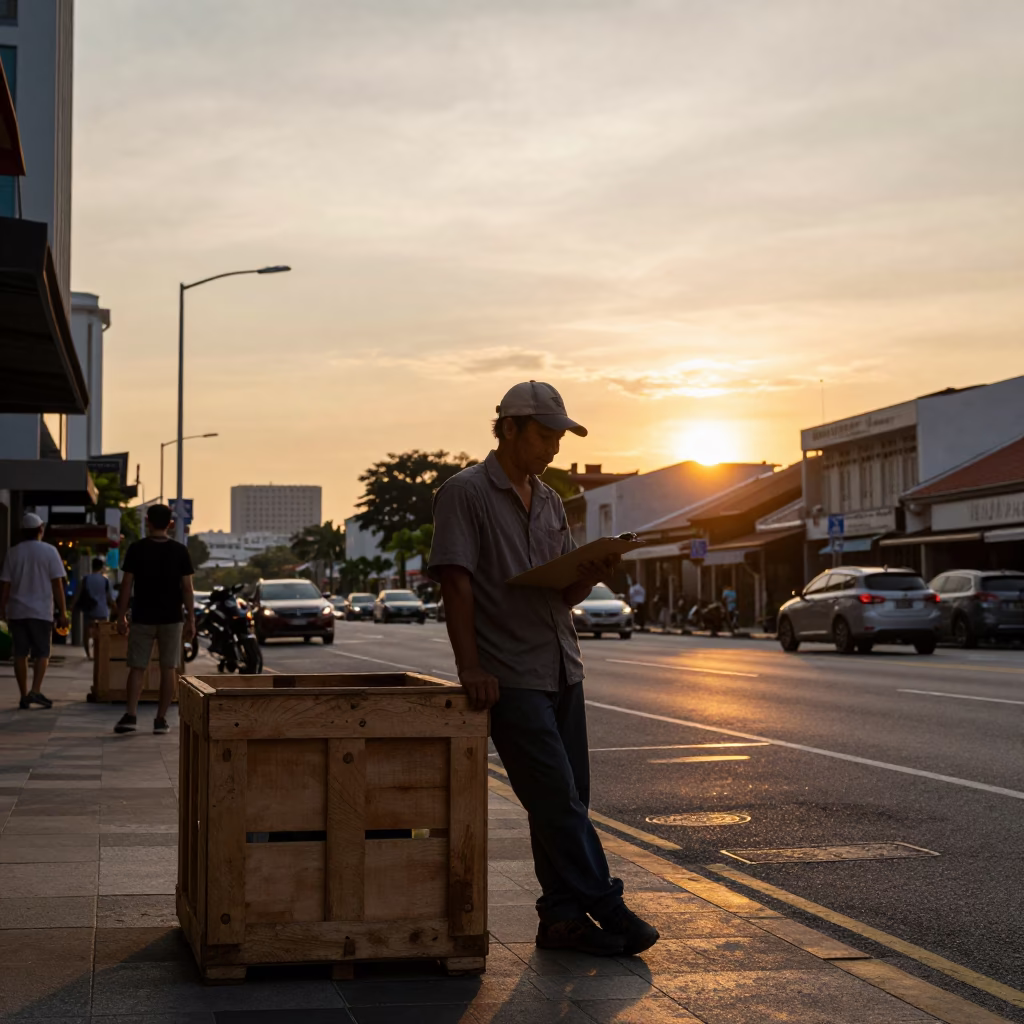 Golden Hour Street Scene in Singapore with Crate and Clipboard in in Singapore, Singapore