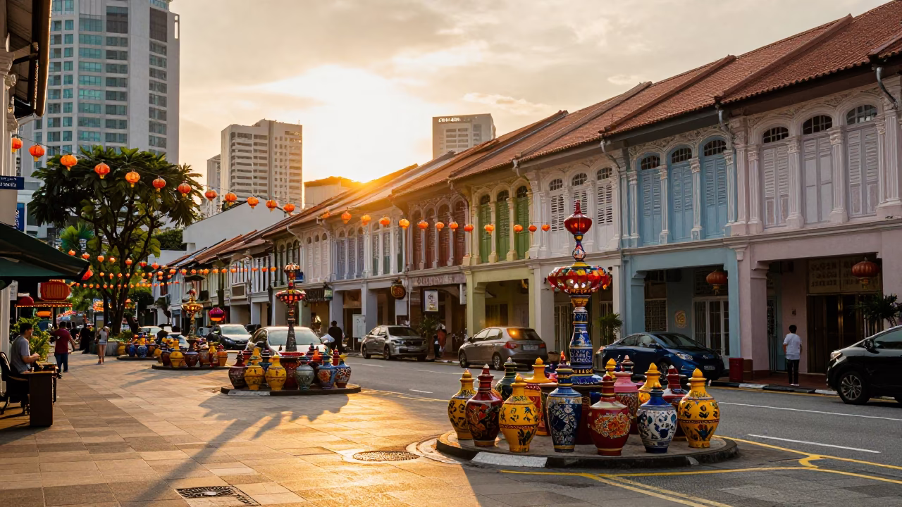 Golden Hour Street Scene in Singapore with Diwali Lamps and Urban Architecture in in Singapore, Singapore