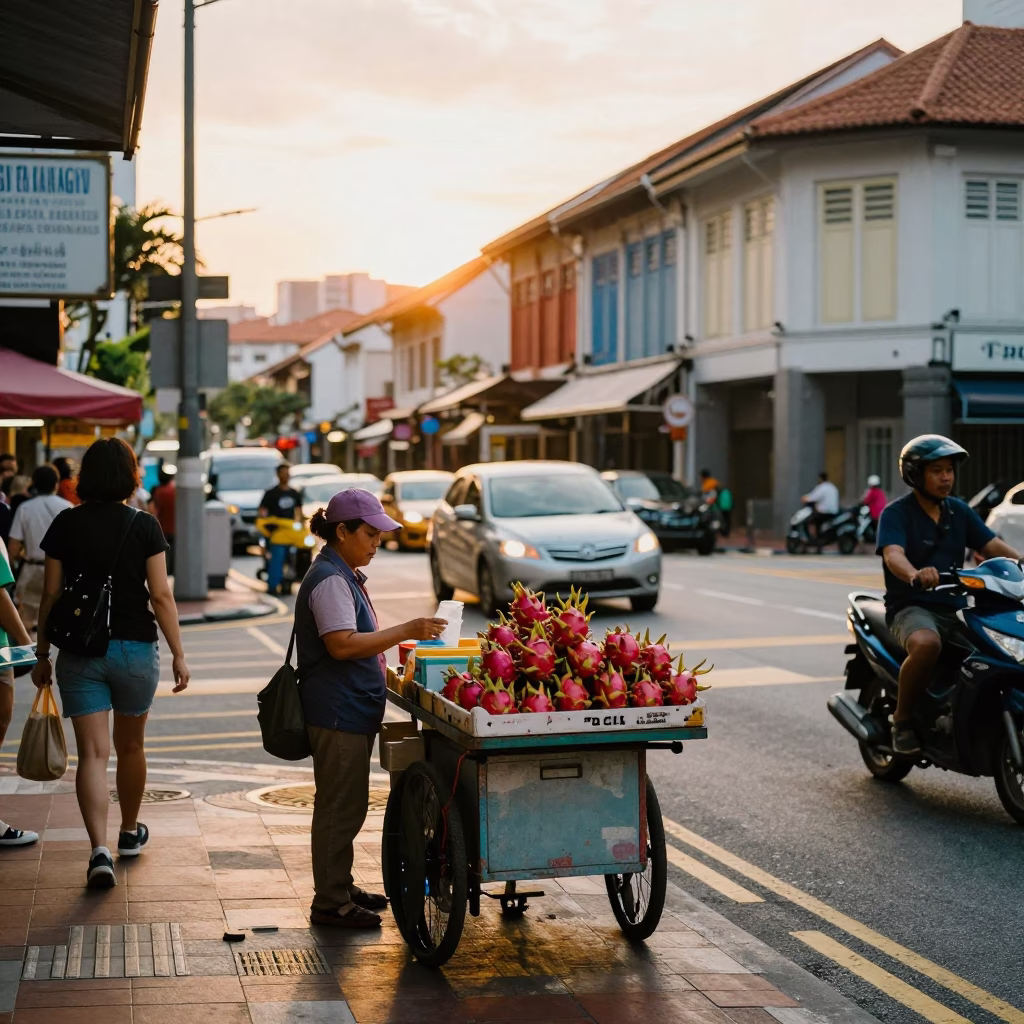 Golden Hour Street Scene in Singapore with Dragon Fruit and Commuter Activity in in Singapore, Singapore