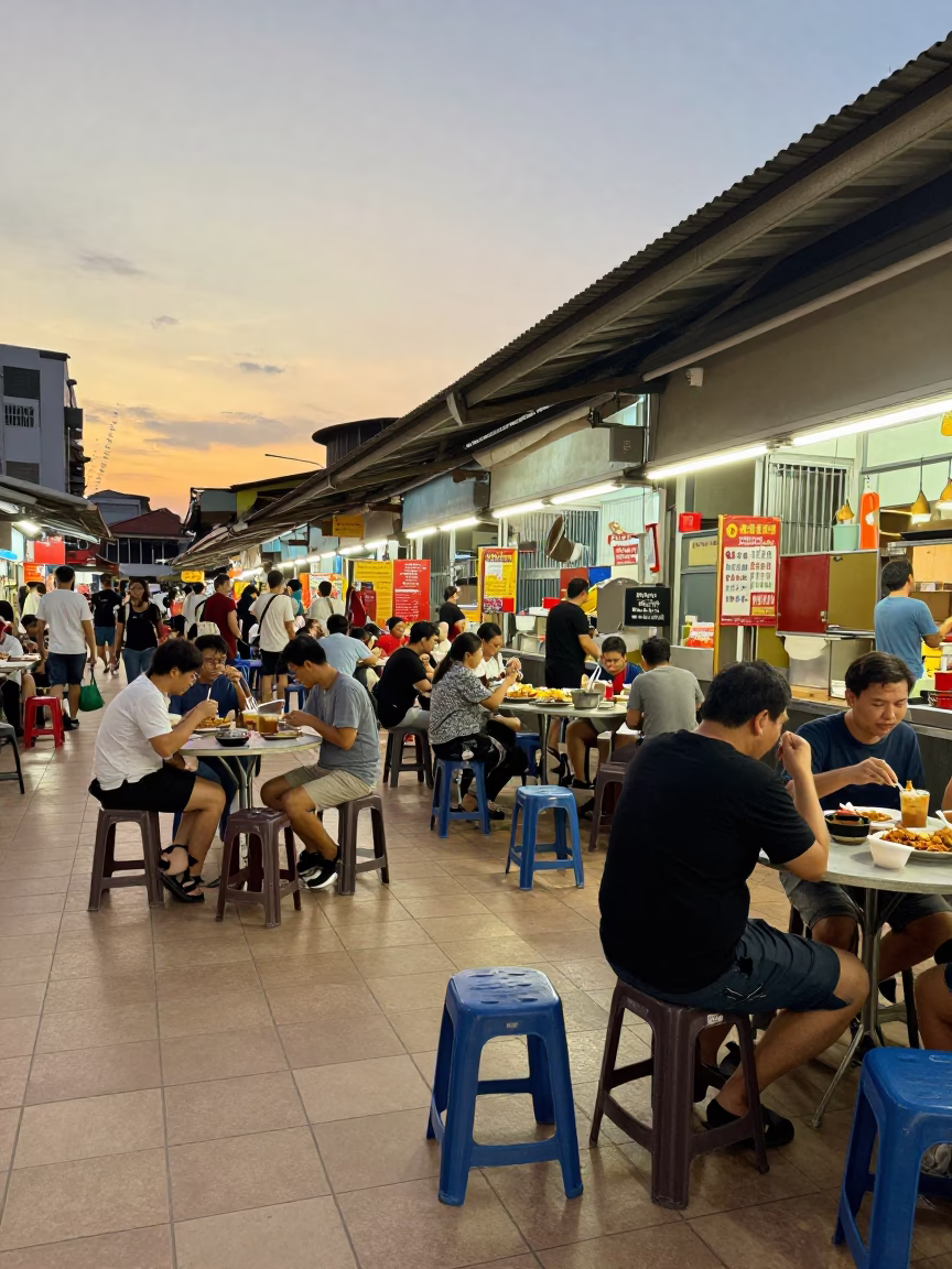 Golden Hour Street Scene in Singapore with Folding Stools and Local Diners in in Singapore, Singapore