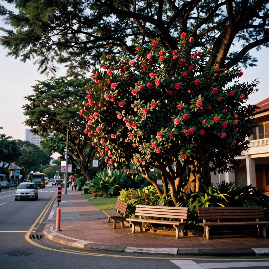 Golden Hour Street Scene in Singapore with Garden Benches and Camellia Blooms in in Singapore, Singapore