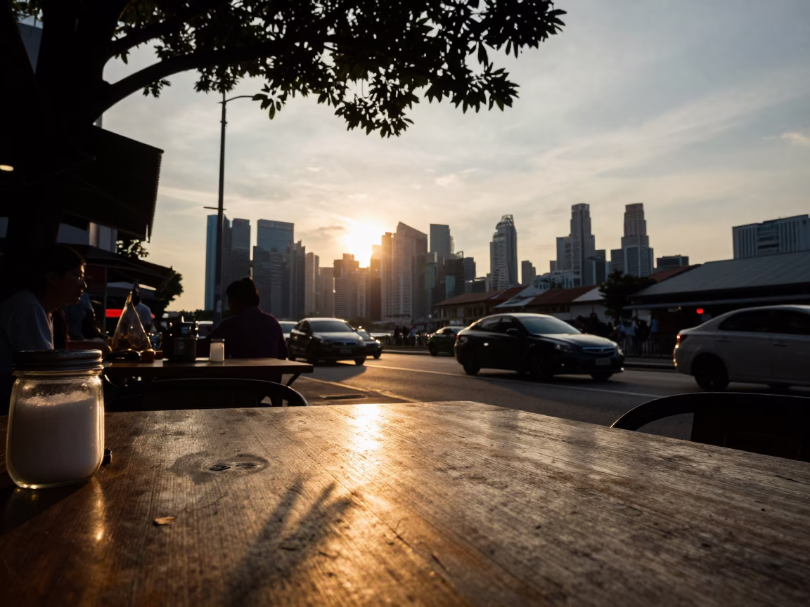 Golden Hour Street Scene in Singapore with Leaf Shadows and Glass Sugar Jar in in Singapore, Singapore