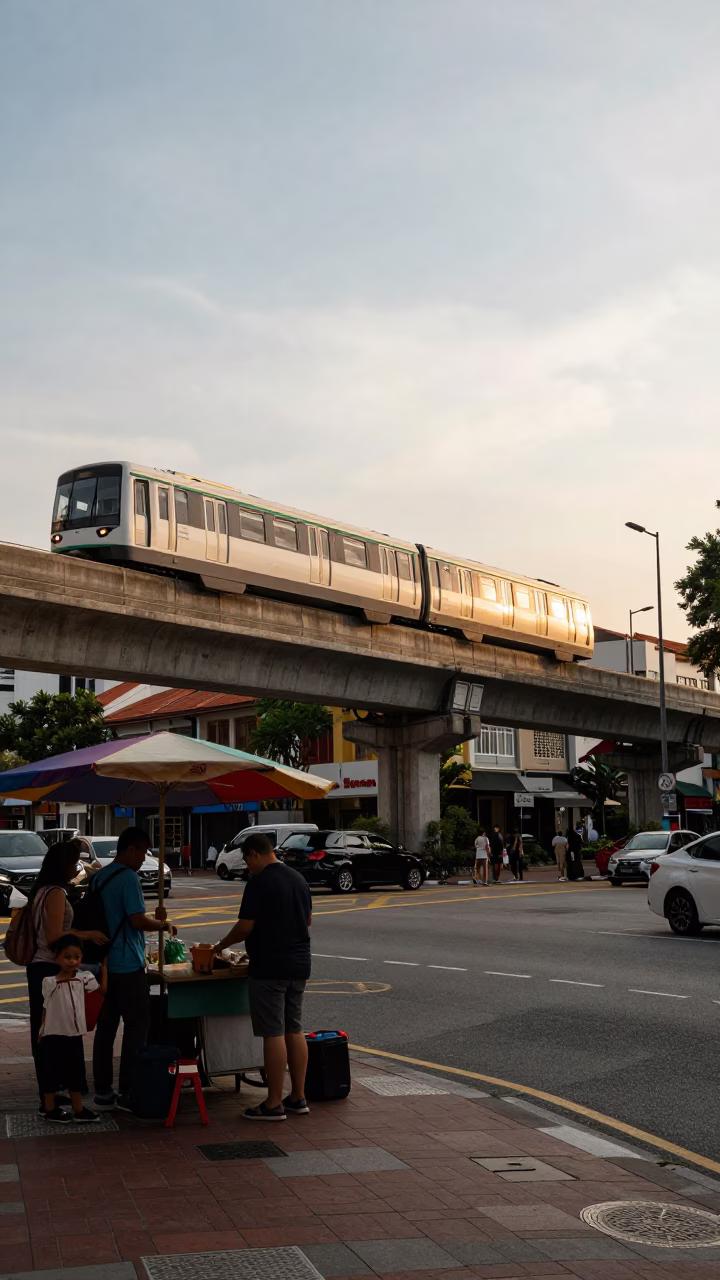 Golden Hour Street Scene in Singapore with Local Vendor and Urban Architecture in in Singapore, Singapore