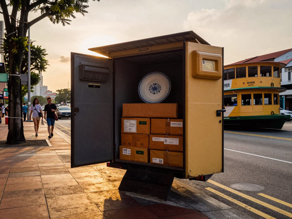 Golden Hour Street Scene in Singapore with Mail Boat and Vintage Plate in in Singapore, Singapore