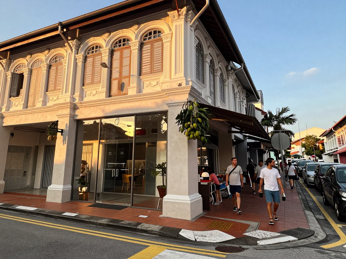 Golden Hour Street Scene in Singapore with Mangoes and Glass Doorframe in in Singapore, Singapore