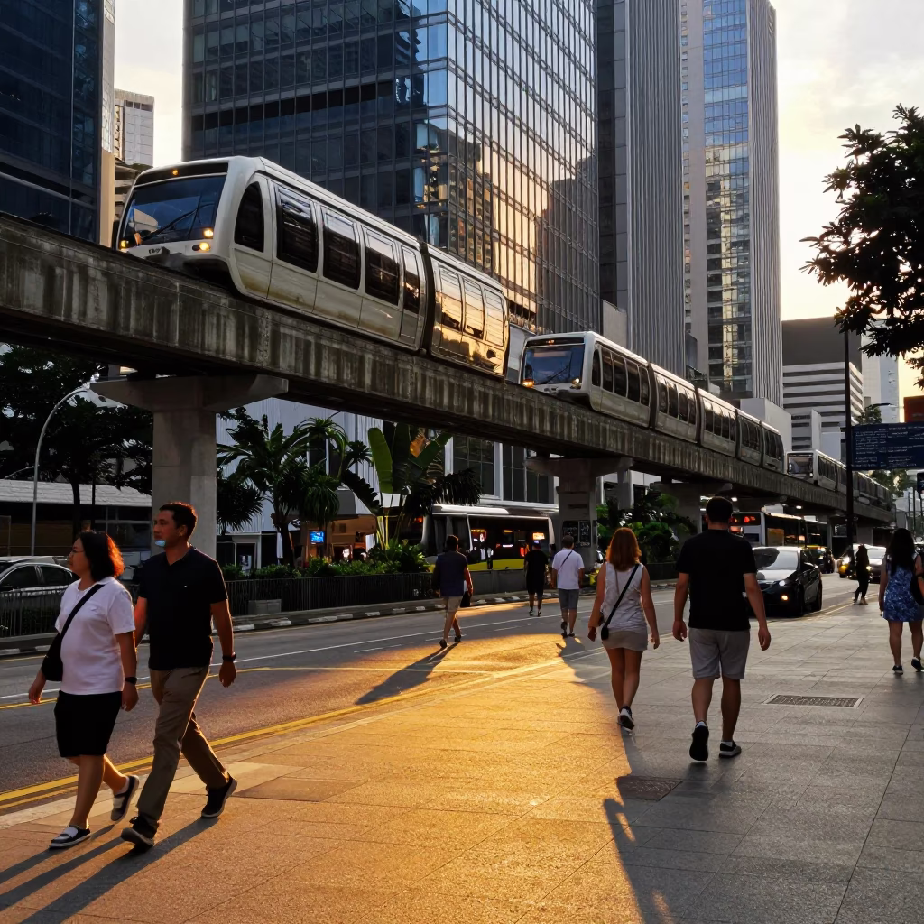 Golden Hour Street Scene in Singapore with Monorail Reflection on Glass Skyscraper Facade in in Singapore, Singapore