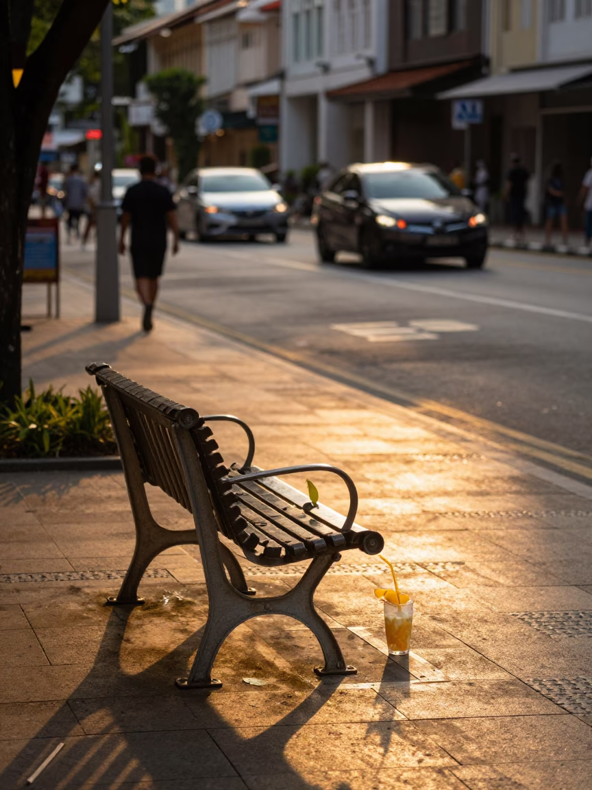 Golden Hour Street Scene in Singapore with Park Bench and Mango Lassi in in Singapore, Singapore