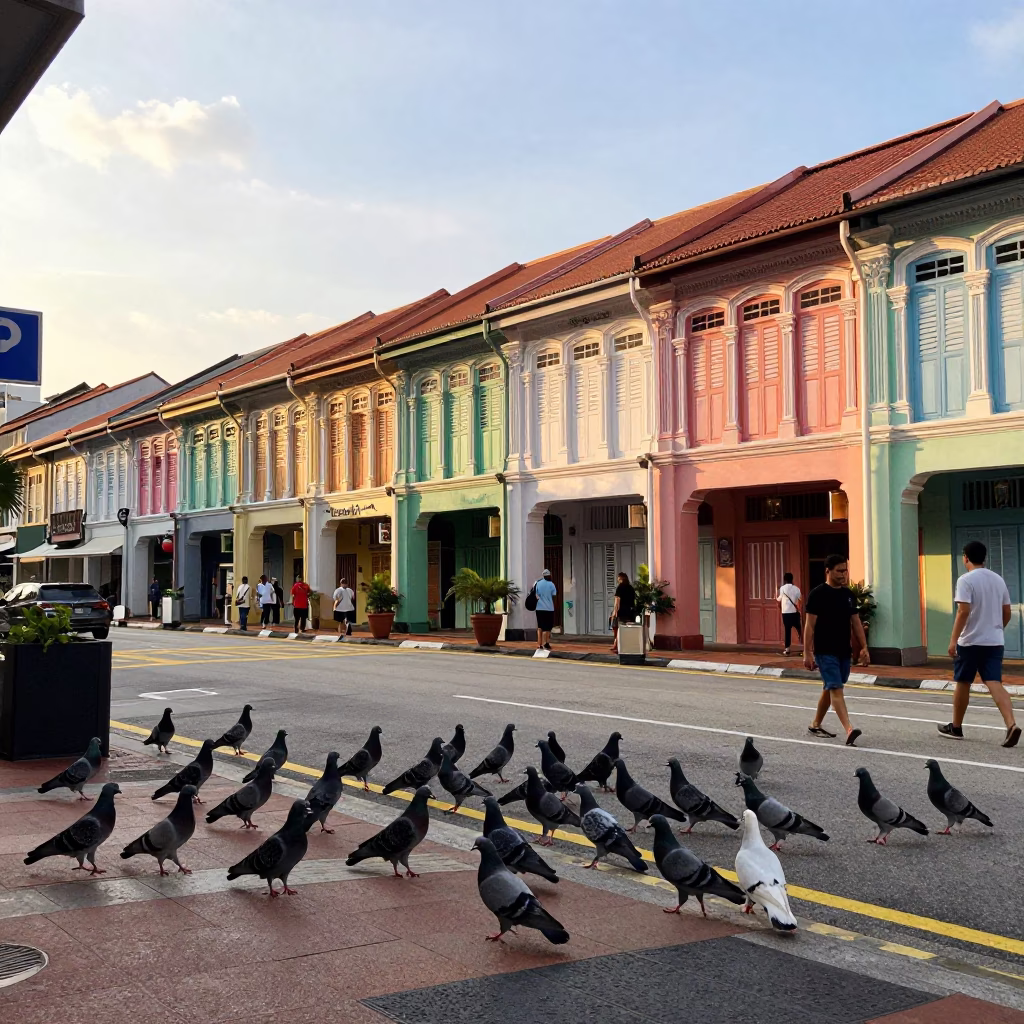 Golden Hour Street Scene in Singapore with Pigeons and Urban Details in in Singapore, Singapore