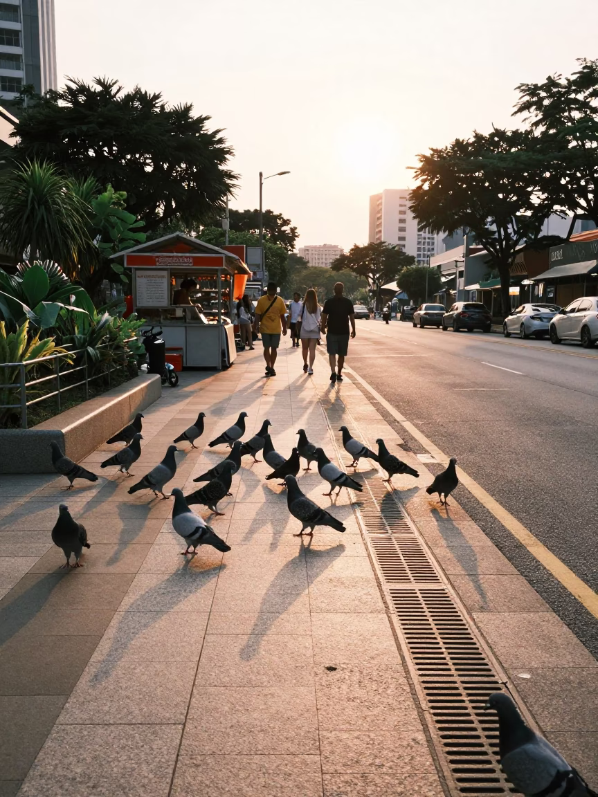 Golden Hour Street Scene in Singapore with Pigeons and Urban Greenery in in Singapore, Singapore