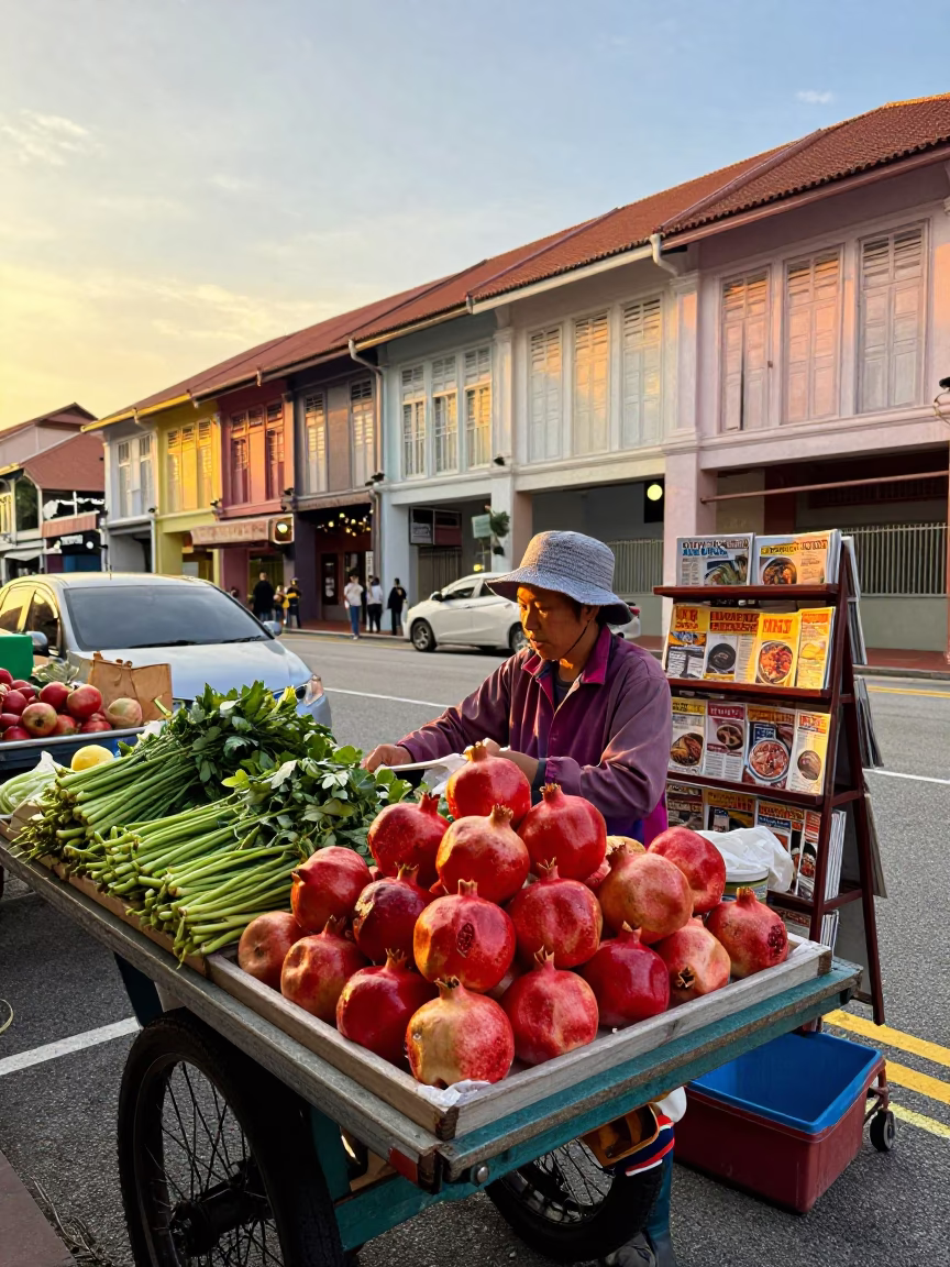 Golden Hour Street Scene in Singapore with Pomegranate and Magazine Rack in in Singapore, Singapore