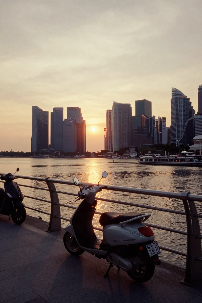 Golden Hour Street Scene in Singapore with Scooter and Harbor Promenade Sunset in in Singapore, Singapore