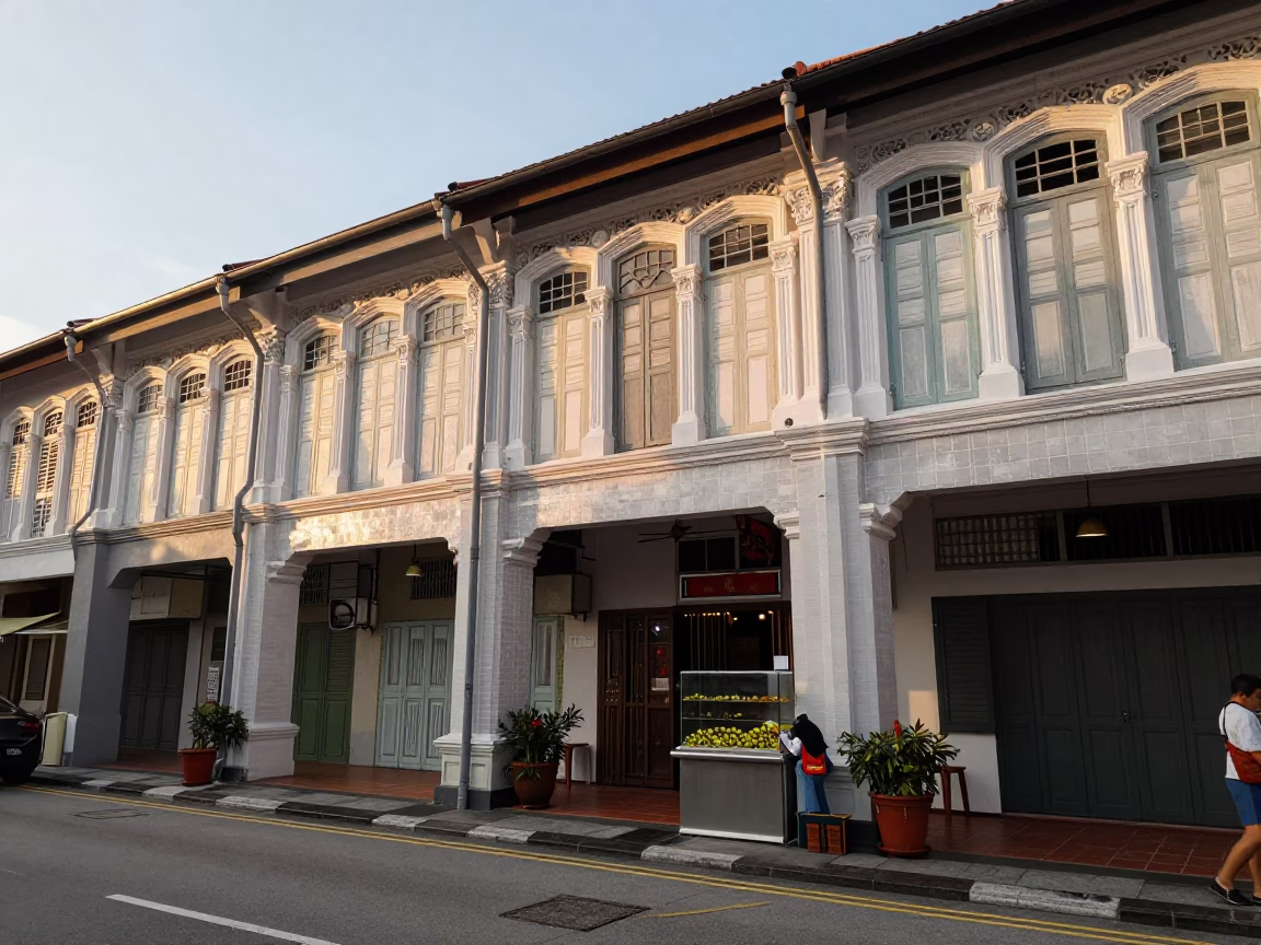 Golden Hour Street Scene in Singapore with Shophouses and Hawker Center Details in in Singapore, Singapore