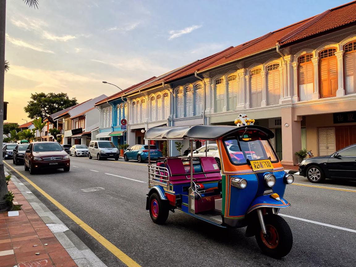 Golden Hour Street Scene in Singapore with Tuk-Tuk and Traditional Architecture in in Singapore, Singapore