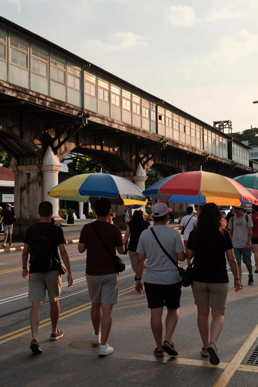 Golden Hour Street Scene in Singapore with Umbrellas and Vintage Railway Viaduct in in Singapore, Singapore