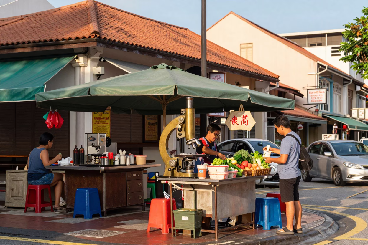 Golden Hour Street Scene in Singapore with Vintage Brass Microscope and Local Interaction in in Singapore, Singapore