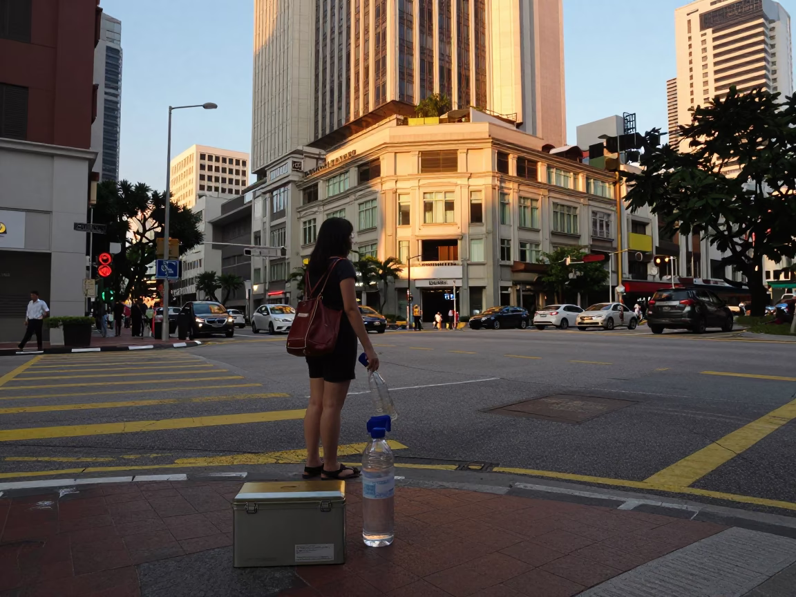 Golden Hour Street Scene in Singapore with Water Bottle and Tin Box in in Singapore, Singapore