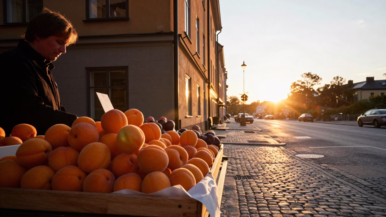 Golden Hour Street Scene in Stockholm Sweden with Apricots and Tray in in Stockholm, Sweden