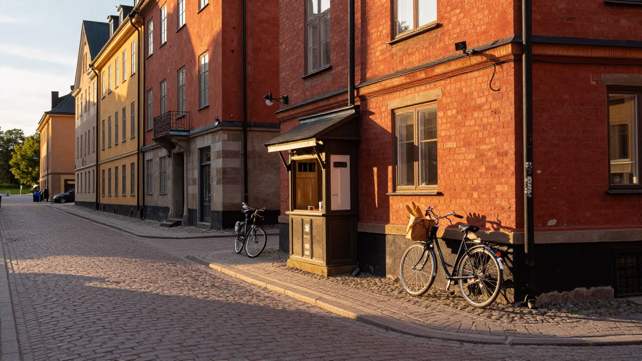 Golden Hour Street Scene in Stockholm Sweden with Bicycle and Espresso Cup in in Stockholm, Sweden