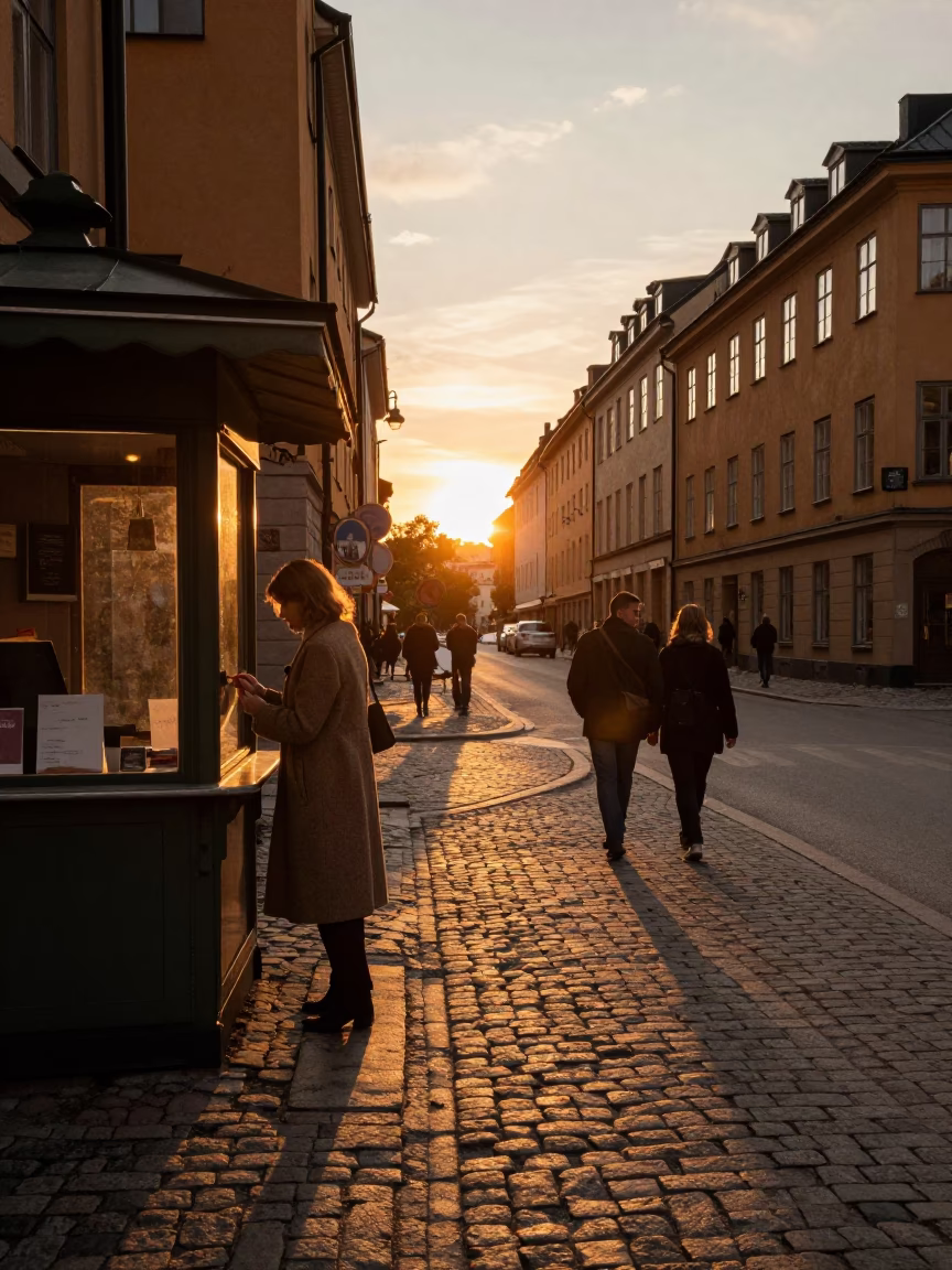 Golden Hour Street Scene in Stockholm Sweden with Vintage 1950s Atmosphere in in Stockholm, Sweden