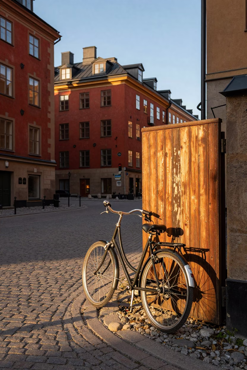 Golden Hour Street Scene in Stockholm Sweden with Vintage Bicycle and Latch Detail in in Stockholm, Sweden