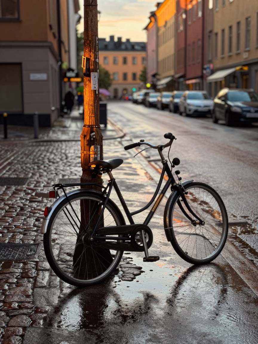 Golden Hour Street Scene in Stockholm Sweden with Vintage Bicycle and Rain Puddles in in Stockholm, Sweden