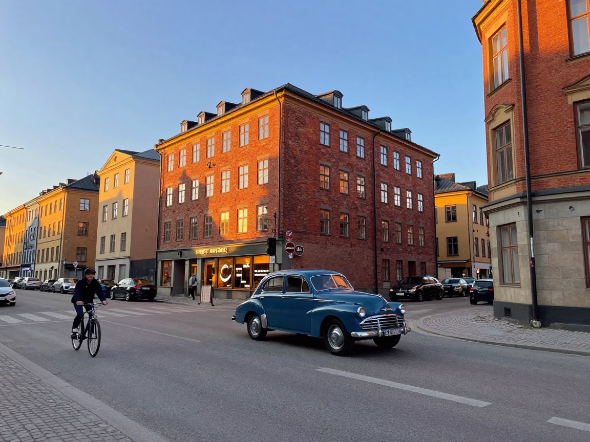 Golden Hour Street Scene in Stockholm Sweden with Vintage Cars and Cyclists in in Stockholm, Sweden