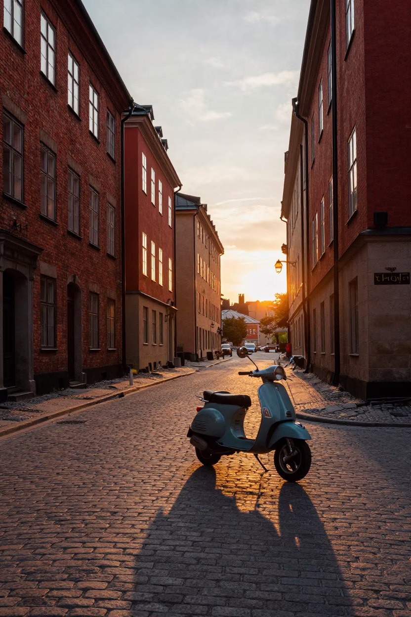 Golden Hour Street Scene in Stockholm Sweden with Vintage Scooter and Brutalist Architecture in in Stockholm, Sweden