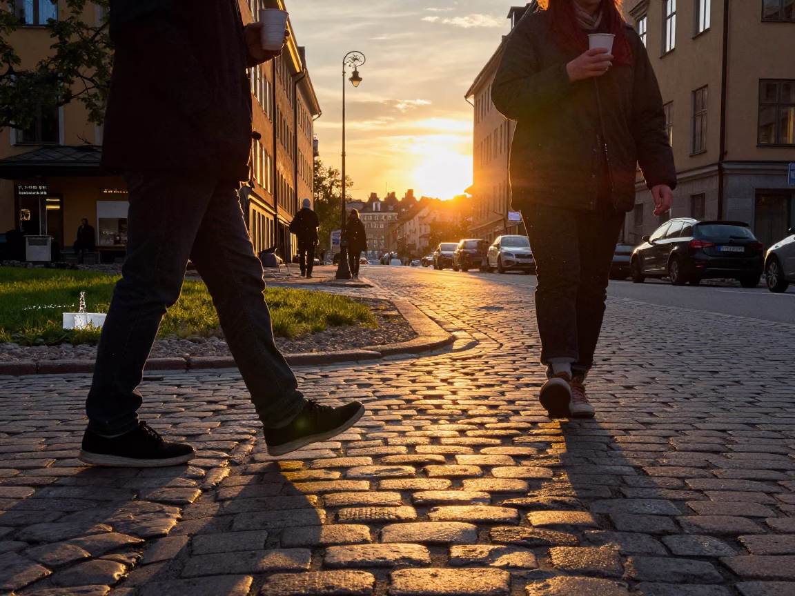 Golden Hour Street Scene in Stockholm Sweden with Water Droplets on Leaves and Cup in in Stockholm, Sweden