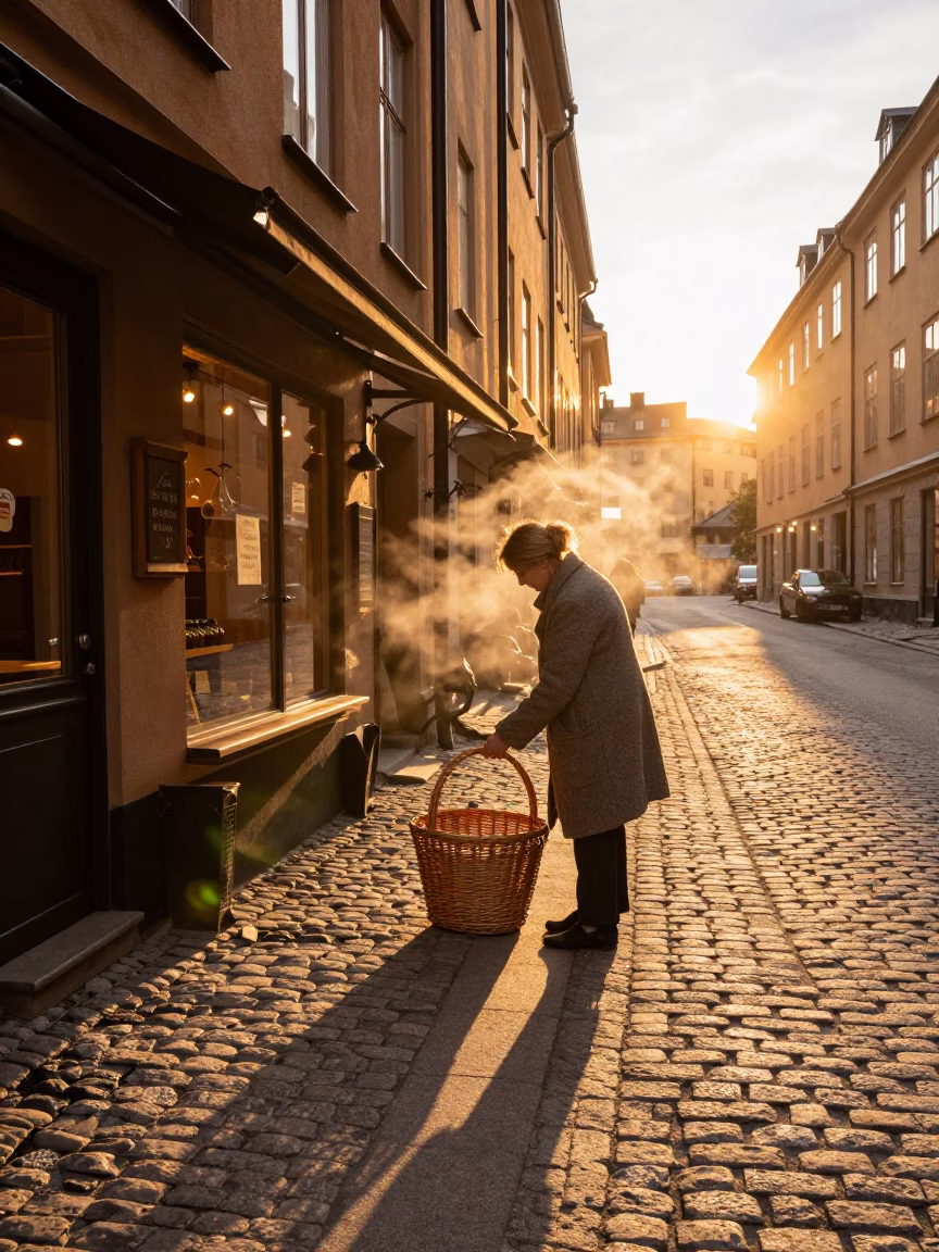 Golden Hour Street Scene in Stockholm Sweden with Wicker Basket and Steam Haze in in Stockholm, Sweden