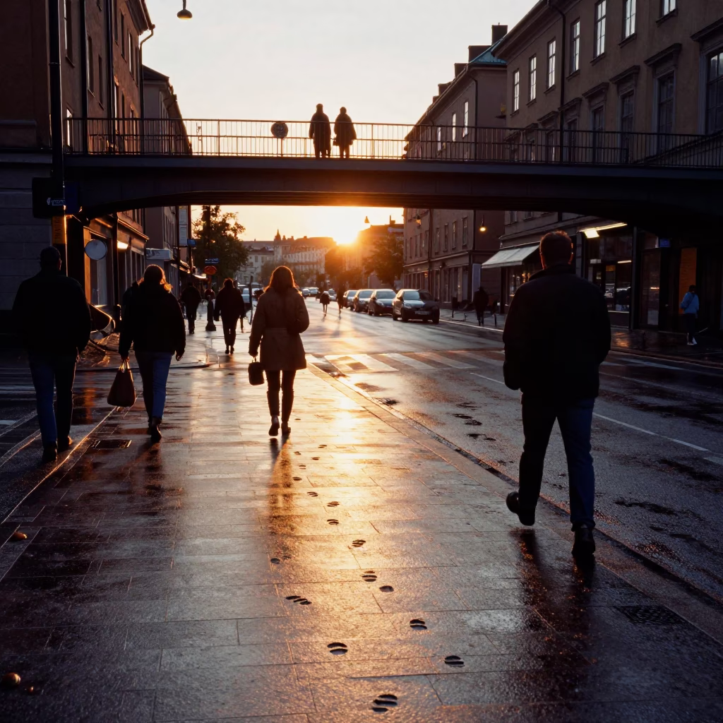 Golden Hour Street Scene in Stockholm with Pedestrian Overpass and Wet Footsteps in in Stockholm, Sweden
