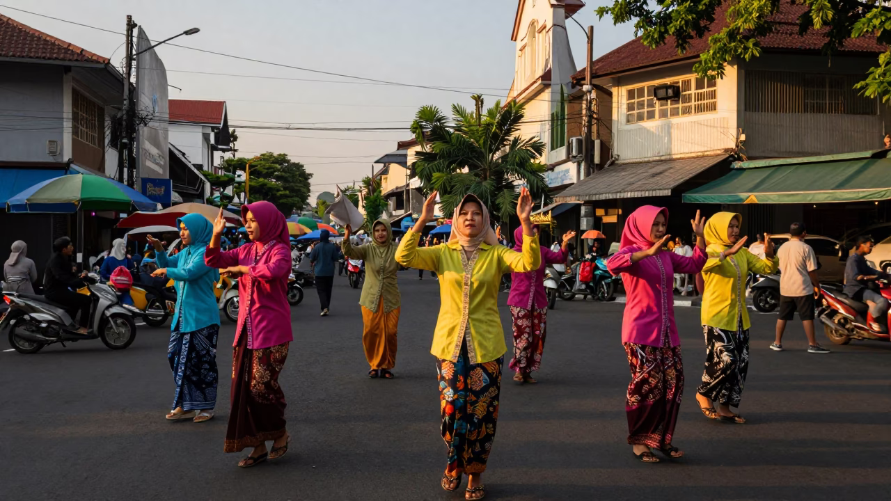 Golden Hour Street Scene in Surabaya Indonesia with Colorful Clothing and Urban Life in in Surabaya, Indonesia