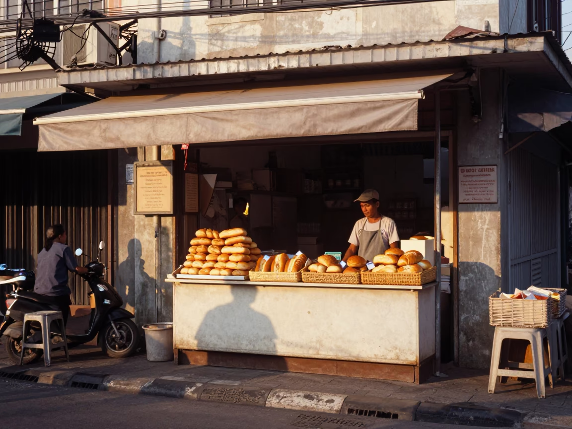 Golden Hour Street Scene in Surabaya Indonesia with Local Bakery Goods in in Surabaya, Indonesia