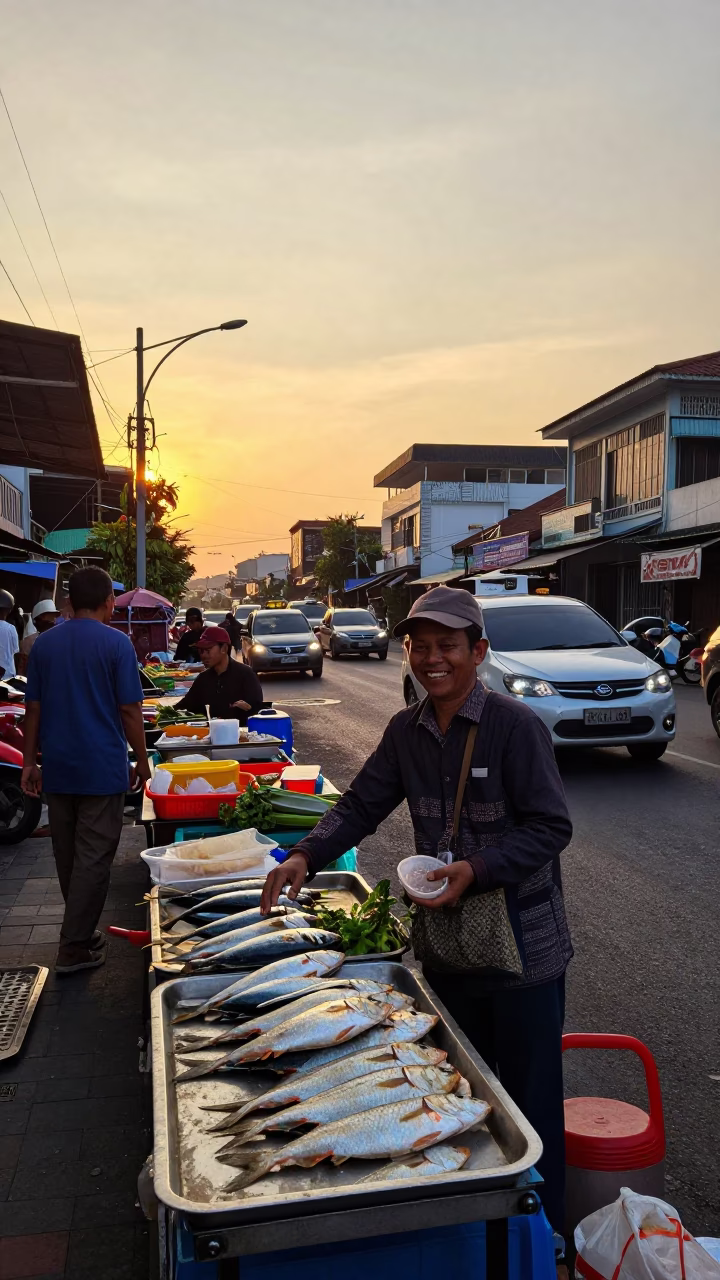 Golden Hour Street Scene in Surabaya Indonesia with Local Food and Traffic in in Surabaya, Indonesia