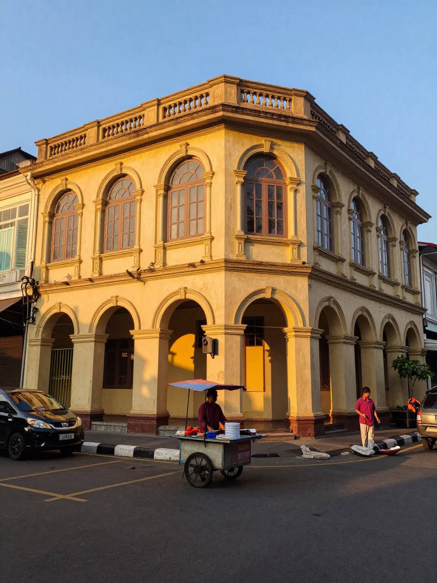 Golden Hour Street Scene in Surabaya Indonesia with Local Vendor and Evening Light in in Surabaya, Indonesia