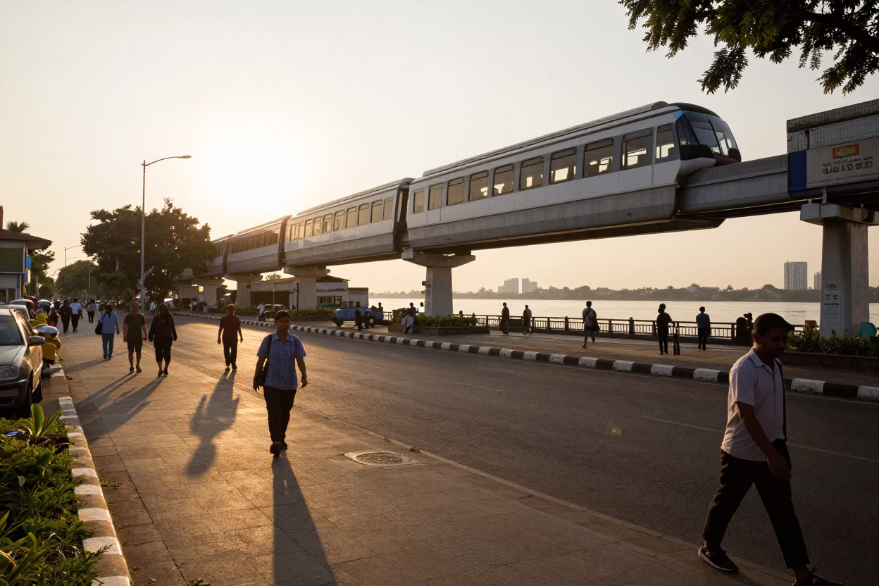 Golden Hour Street Scene in Surabaya Indonesia with Monorail and River View in in Surabaya, Indonesia