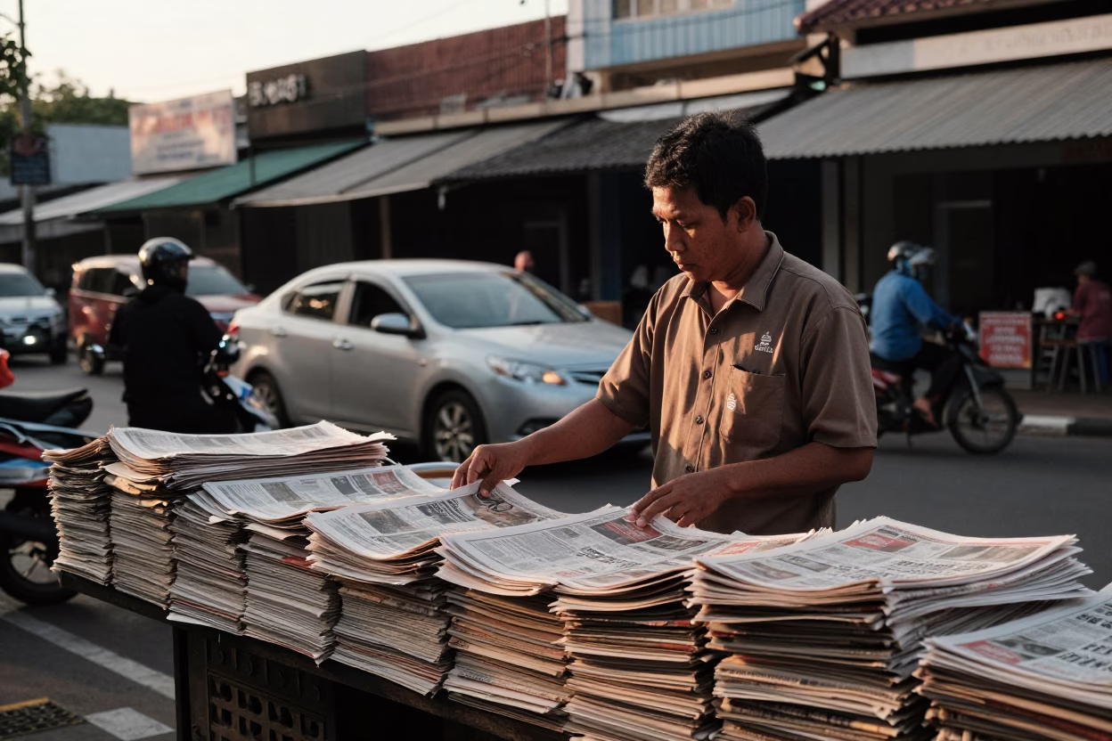 Golden Hour Street Scene in Surabaya Indonesia with Newspaper Stack and Local Commerce in in Surabaya, Indonesia