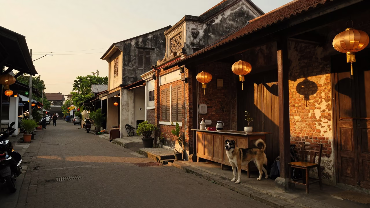 Golden Hour Street Scene in Surabaya Indonesia with Tosa Dog and Old Town Alley in in Surabaya, Indonesia