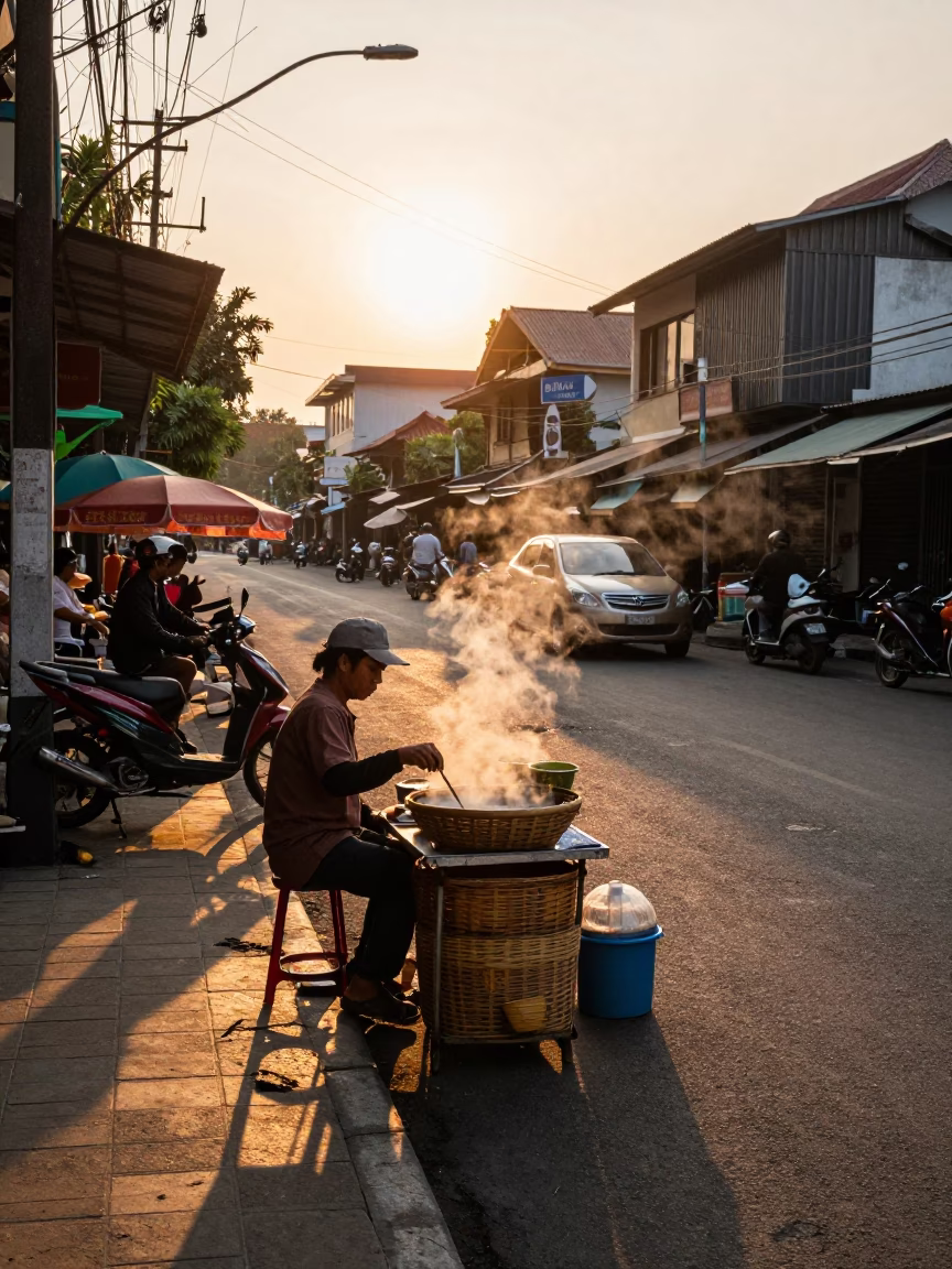 Golden Hour Street Scene in Surabaya Indonesia with Traditional Food Vendor and Daily Life in in Surabaya, Indonesia