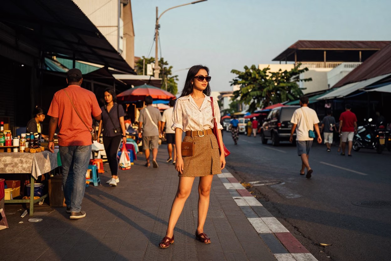 Golden Hour Street Scene in Surabaya Indonesia with Vintage Fashion and Local Market Details in in Surabaya, Indonesia