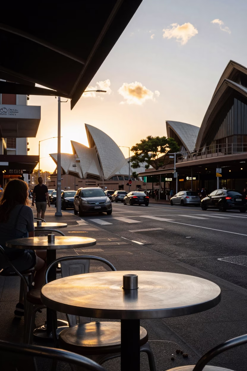 Golden Hour Street Scene in Sydney NSW Australia with Olives and Brushed Steel Basin in in Sydney, New South Wales, Australia